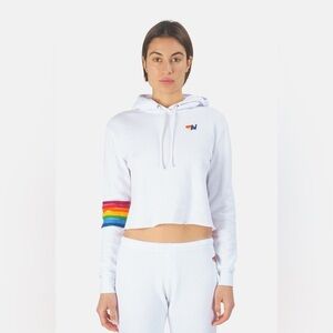 Aviator Nation Rainbow Sleeve Crop White Hoodie